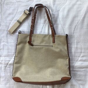 Elegant Tan and Brown Woven Women's Tote Bag Crossbody Strap New